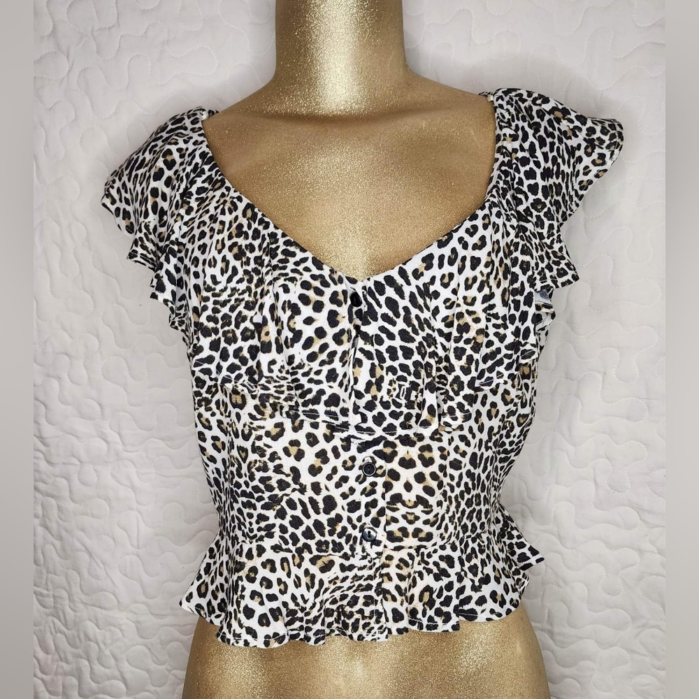 Zara Cheetah Leopard Print Top Ruffle Botton Down Top